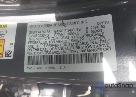 2018 Honda Accord Sport 2.0T z USA, uszkodzony, nr VIN 1HGCV2F33JA020526